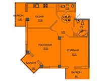 2 комнатная квартира 74.95кв. м